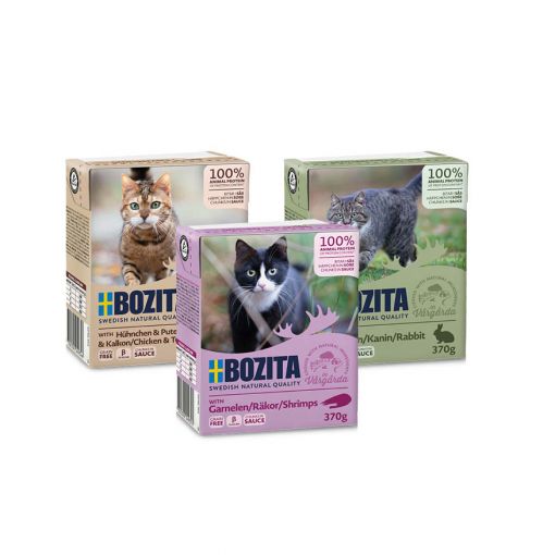 Probierpaket Bozita Tetra Recart Häppchen in Soße - Garnele, Huhn&Pute & Kaninchen 48 x 370g